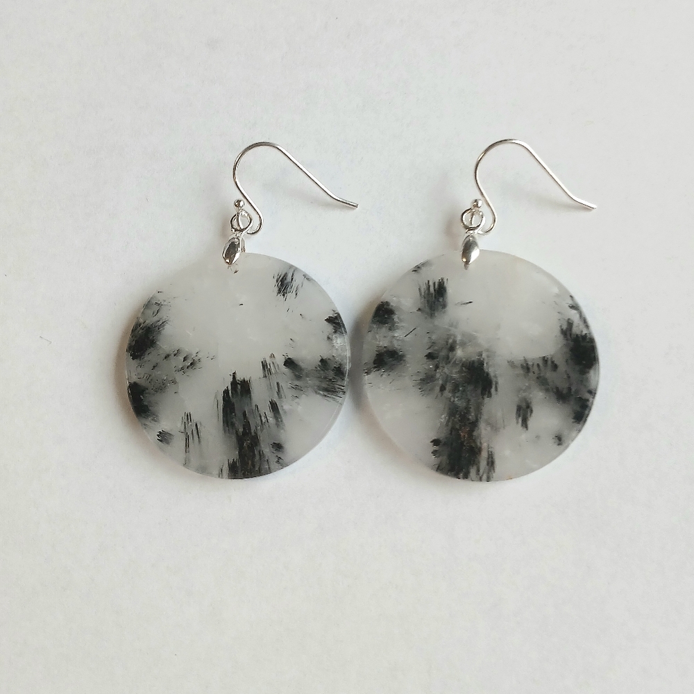 Black Rutilated Quartz Gemstone Earrings with 925 Sterling Silver Findings